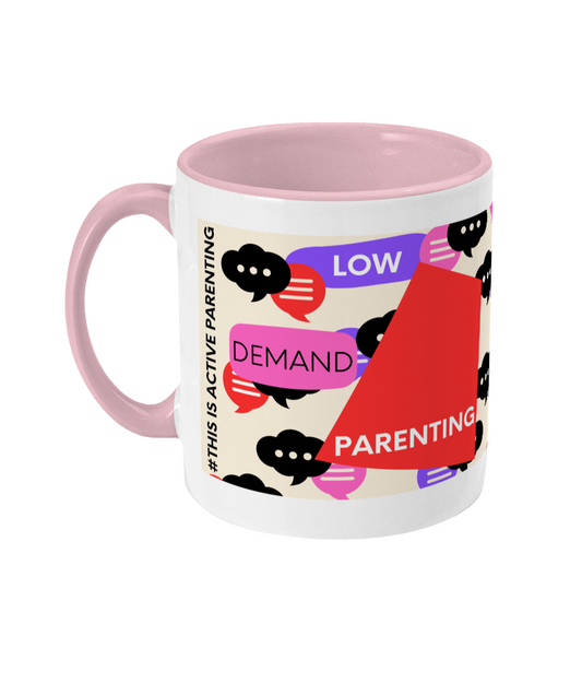 Low Demand Parenting Two Tone Mug - Red/Purple Design with Pink Background