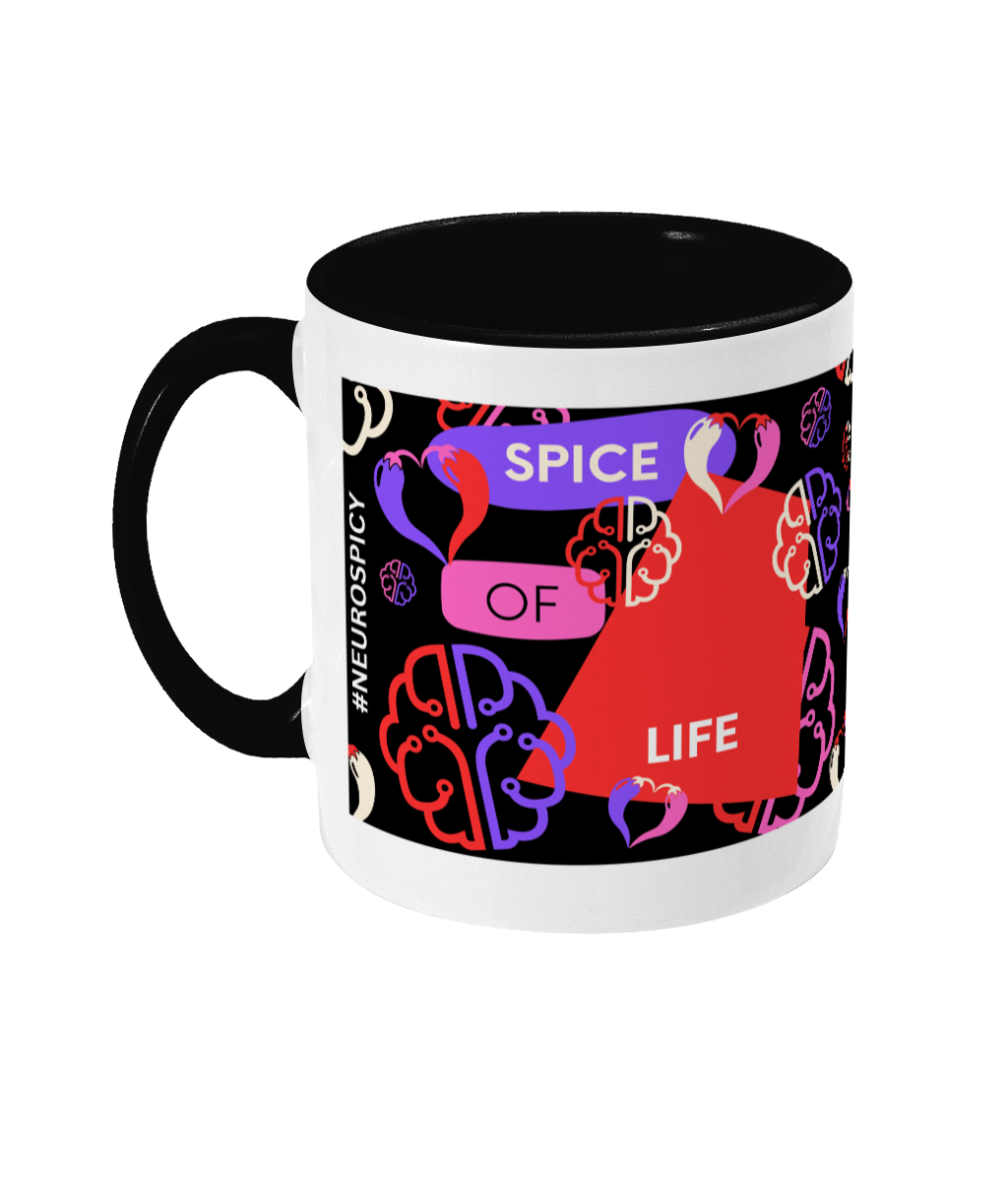 Spice Of Life Two Tone Mug - Red/Purple Design with Black Background (Various Handle and Inner Colours Available)