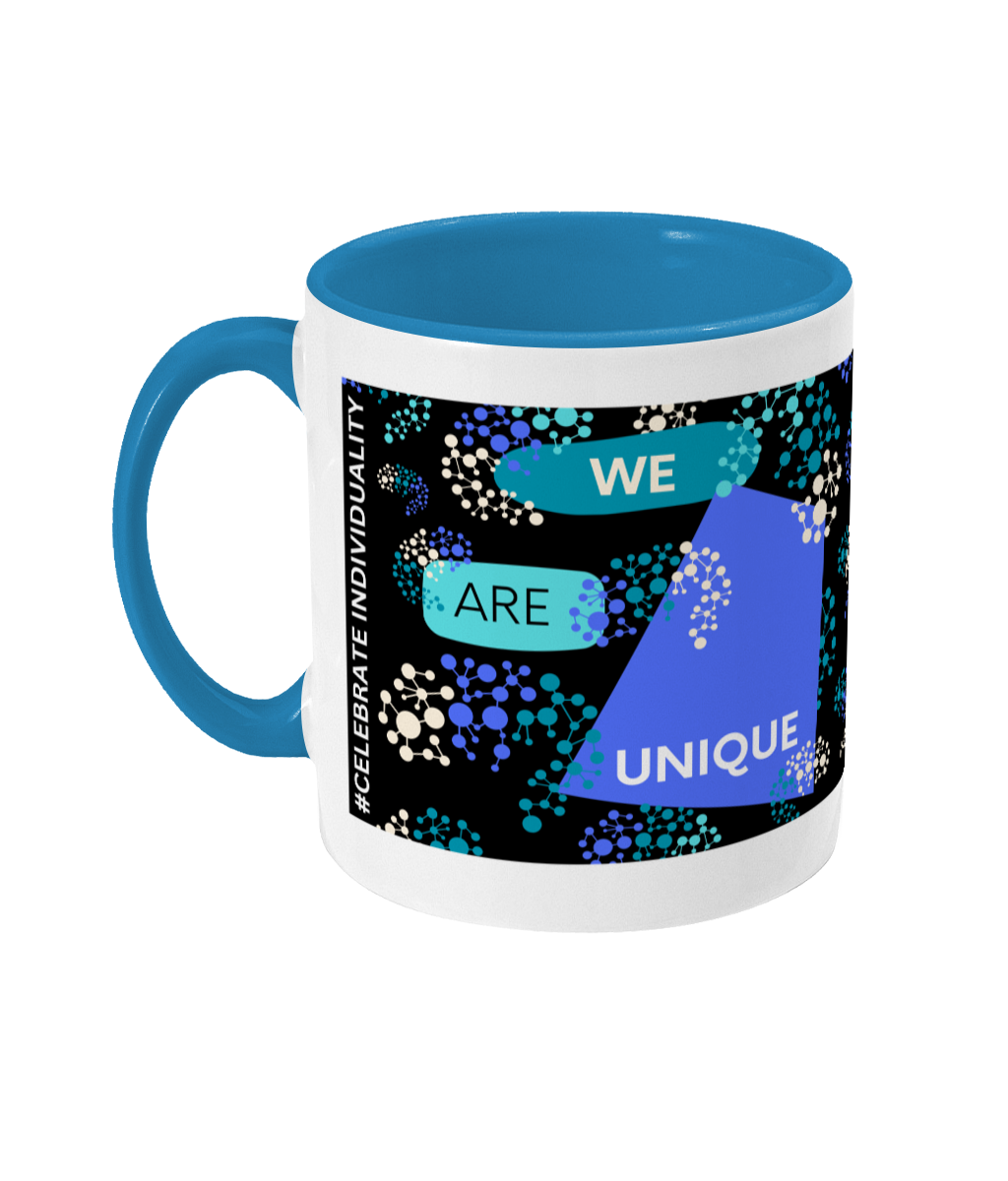 We Are Unique Two Tone Mug - Blue/Teal Design with Black Background (Various Handle and Inner Colours Available)