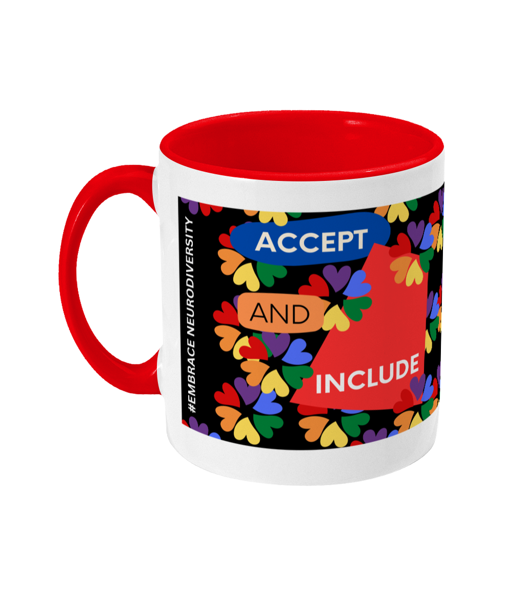 Accept And Include Two Tone Mug - Red/Blue Design with Black Background (Various Handle and Inner Colours Available)