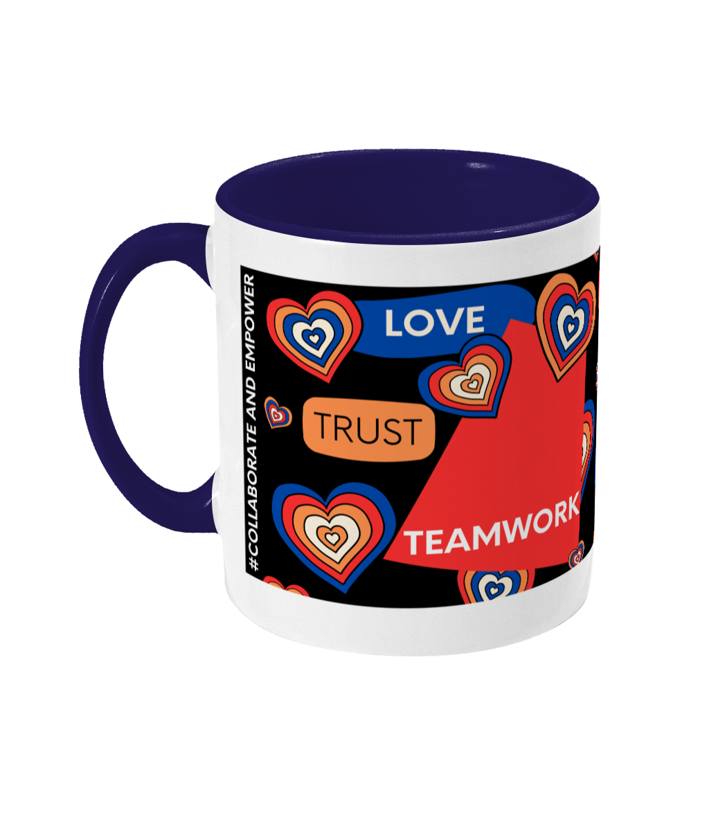 Love, Trust, Teamwork Two Tone Mug - Red/Blue Design  with Black Background (Various Handle and Inner Colours Available)