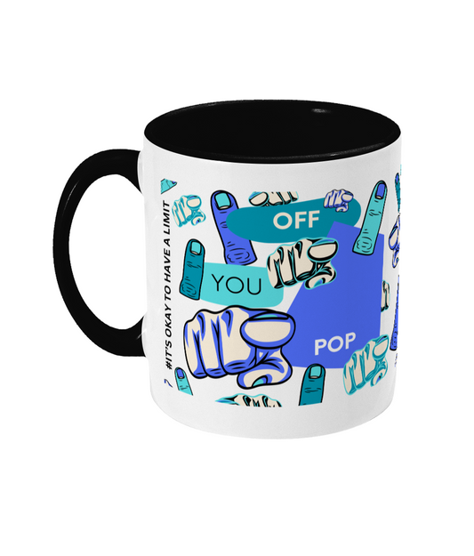 Off You Pop Two Tone Mug -Blue/Teal Design with No Background (Various Handle and Inner Colours Available)