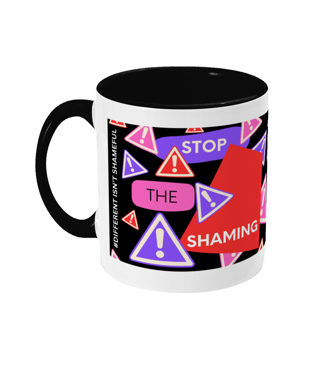 Stop The Shaming Two Tone Mug - Red/Purple Design with Black Background (Various Handle and Inner Colours Available)