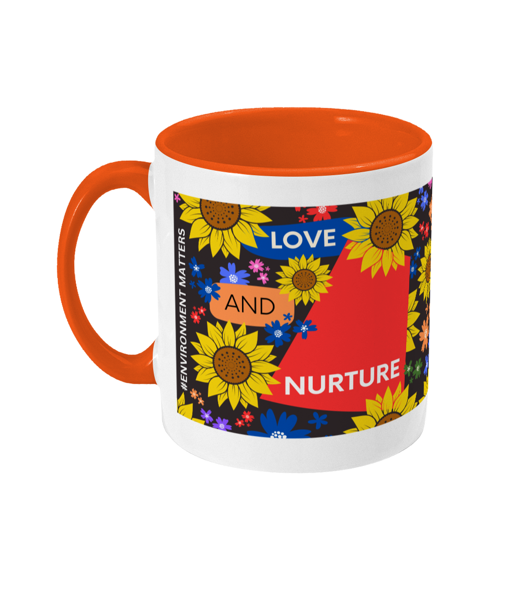 Love and Nurture Two Tone Mug - Red/Blue Design with Black Background