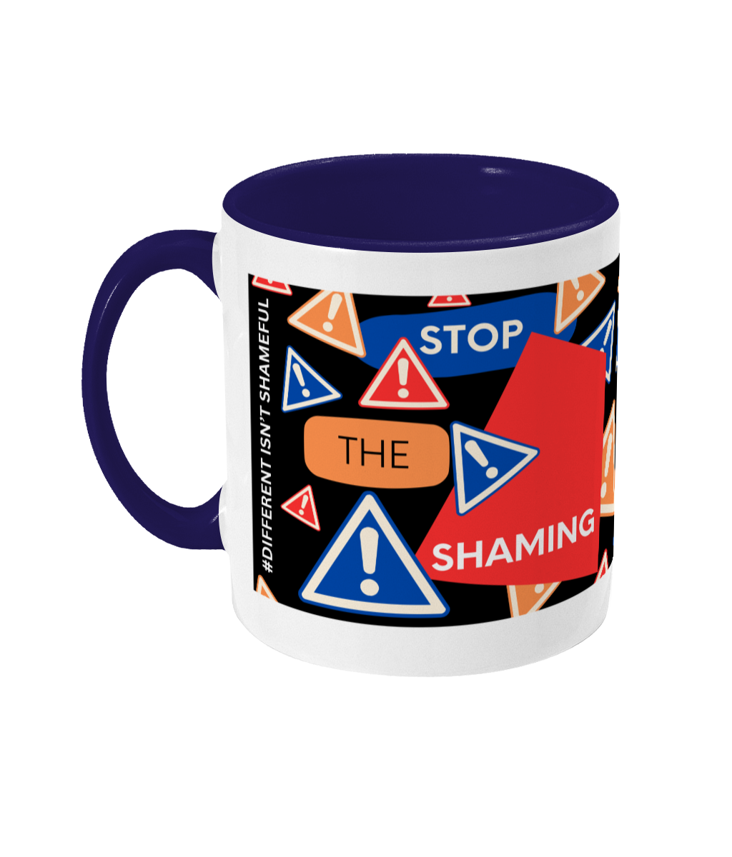 Stop The Shaming Two Tone Mug - Red/Blue Design with Black Background (Various Handle and Inner Colours Available)