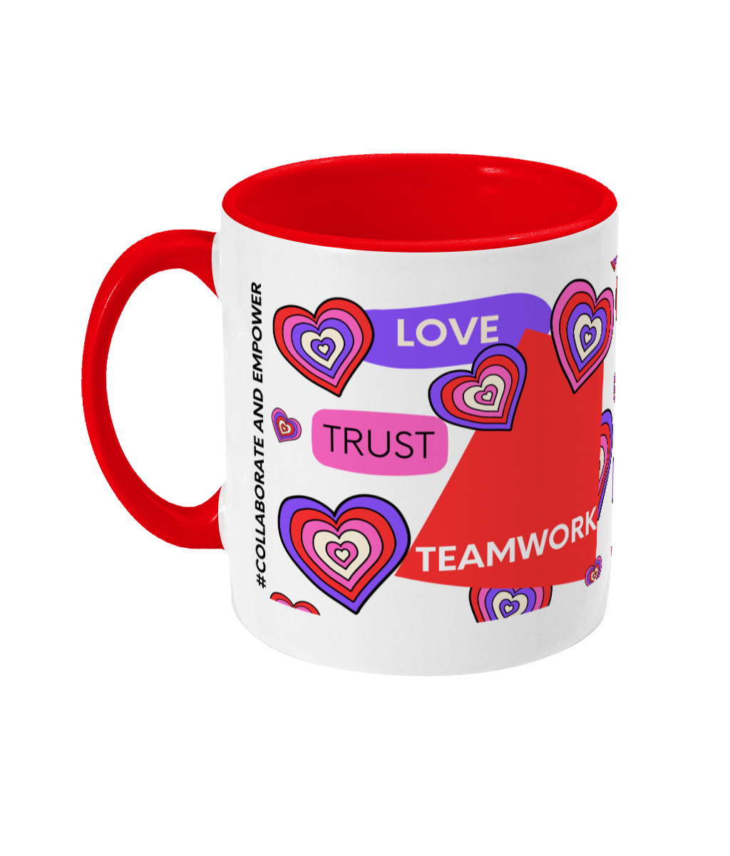 Love, Trust, Teamwork Two Tone Mug - Red/Purple Design with No Background (Various Handle and Inner Colours Available)