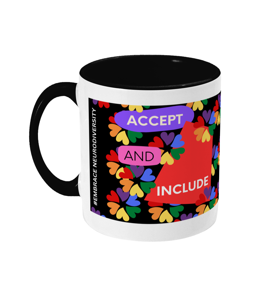 Accept and Include Two Tone Mug - Red/Purple Design with Black Background (Various Handle and Inner Colours Available)