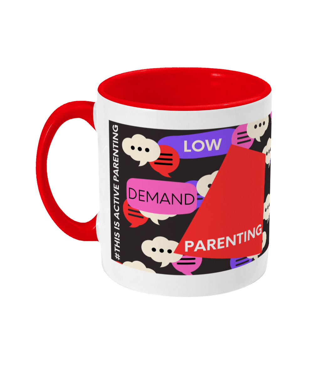 Low Demand Parenting Two Tone Mug - Red/Purple Design with Black Background (Various Handle and Inner Colours Available)