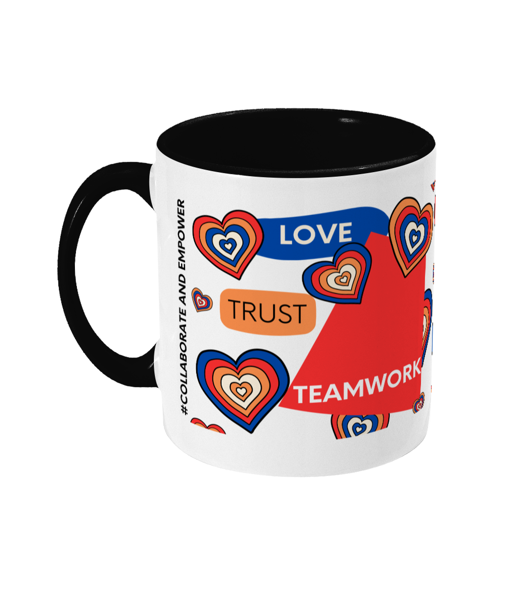 Love, Trust, Teamwork Two Tone Mug - Red/Blue Design with No Background (Various Handle and Inner Colours Available)