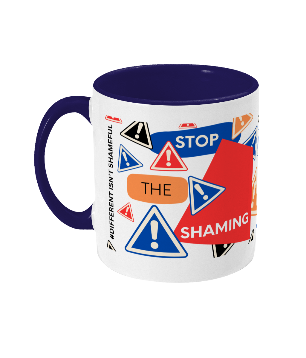 Stop The Shaming Two Tone Mug - Red/Blue Design with Black Background (Various Handle and Inner Colours Available)