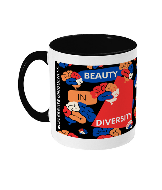 Beauty In Diversity Two Tone Mug - Red/Blue Design with Black Background (Various Handle and Inner Colours Available)