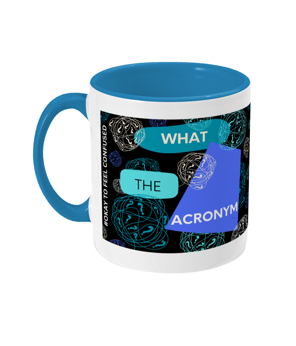 What The Acronym Two Tone Mug - Blue/Teal Design with Black Background (Various Handle and Inner Colours Available)