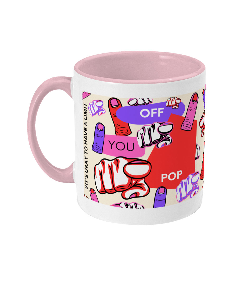 Off You Pop Two Tone Mug - Red/Purple Design with Pink Background