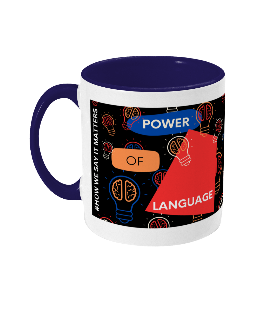 Power Of Language Two Tone Mug - Red/Blue Design with Black Background (Various Handle and Inner Colours Available)