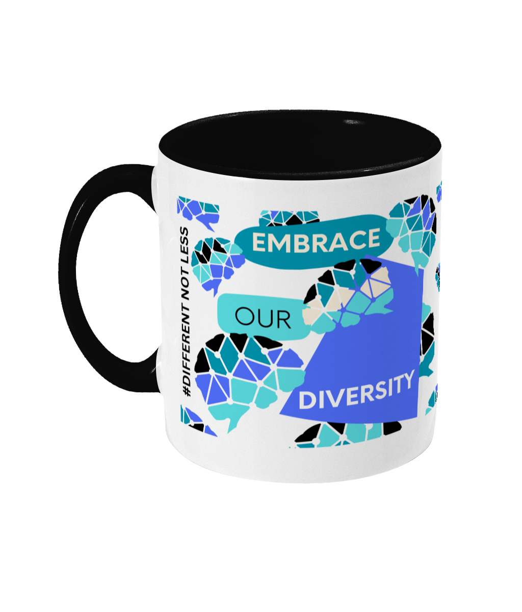 Embrace Our Diversity Two Tone Mug - Blue/Teal with No Background (Various Handle and Inner Colours Available)