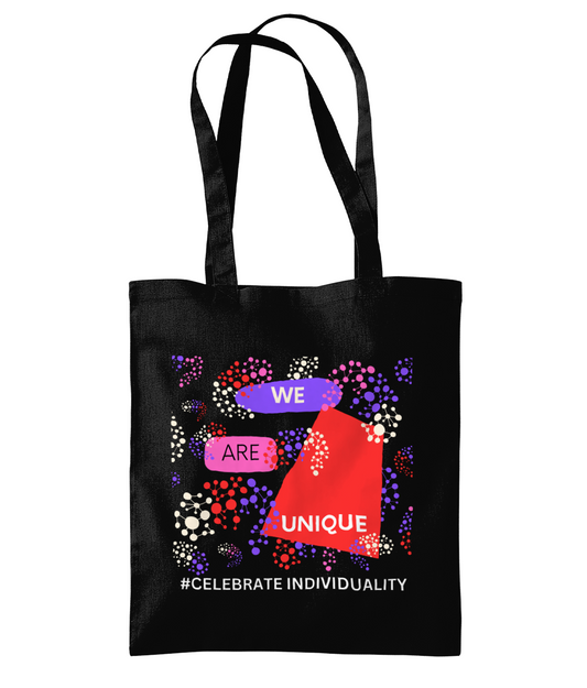 We Are Unique Black Tote Bag - Red/Purple Design