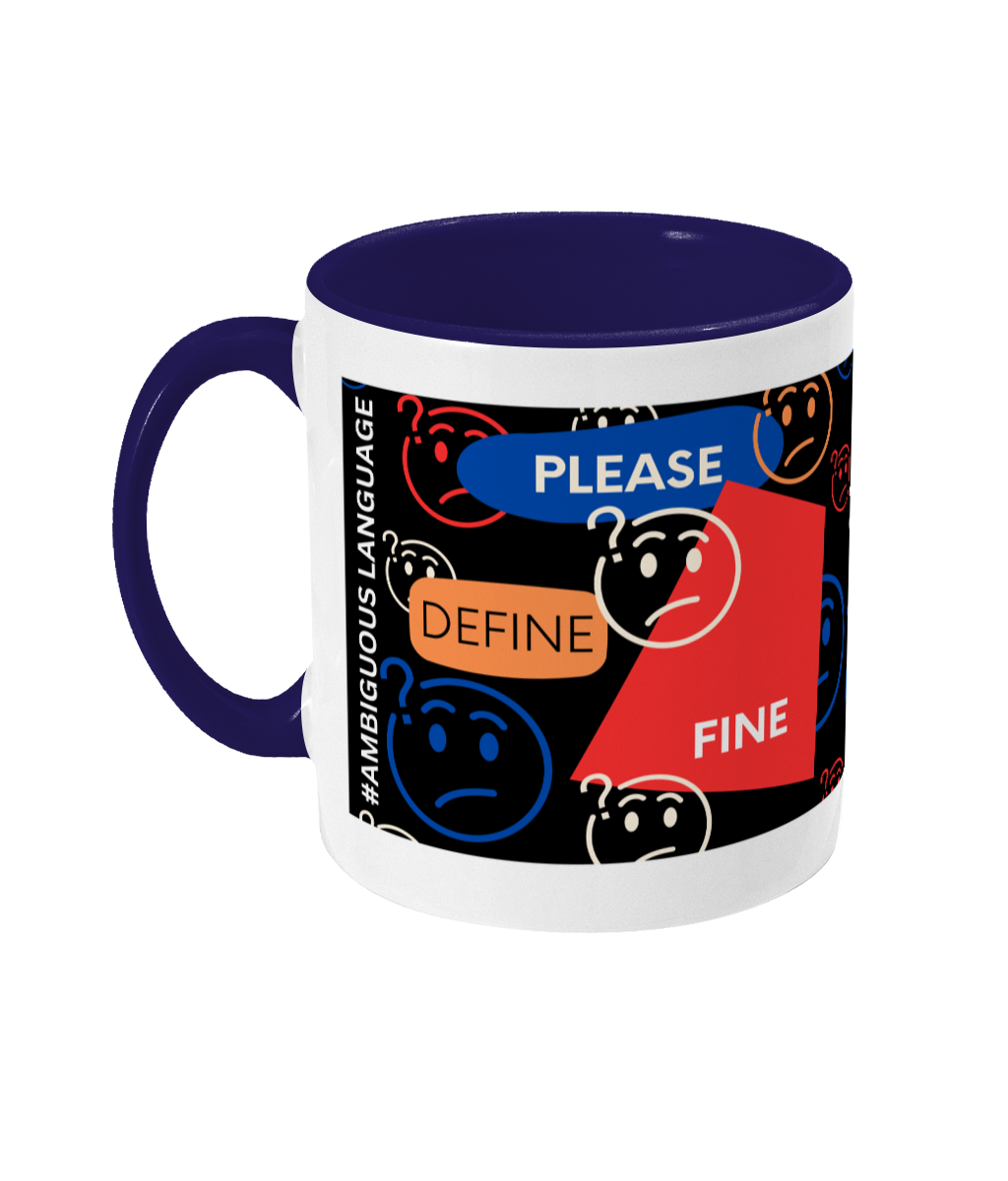 Please Define Fine Two Tone Mug - Red/Blue Design with Black Background (Various Handle and Inner Colours Available)