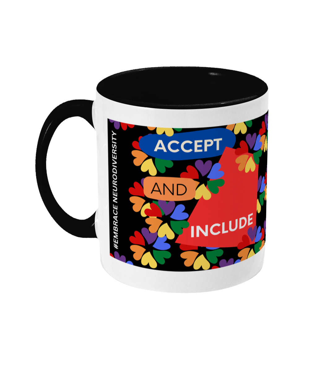 Accept And Include Two Tone Mug - Red/Blue Design with Black Background (Various Handle and Inner Colours Available)