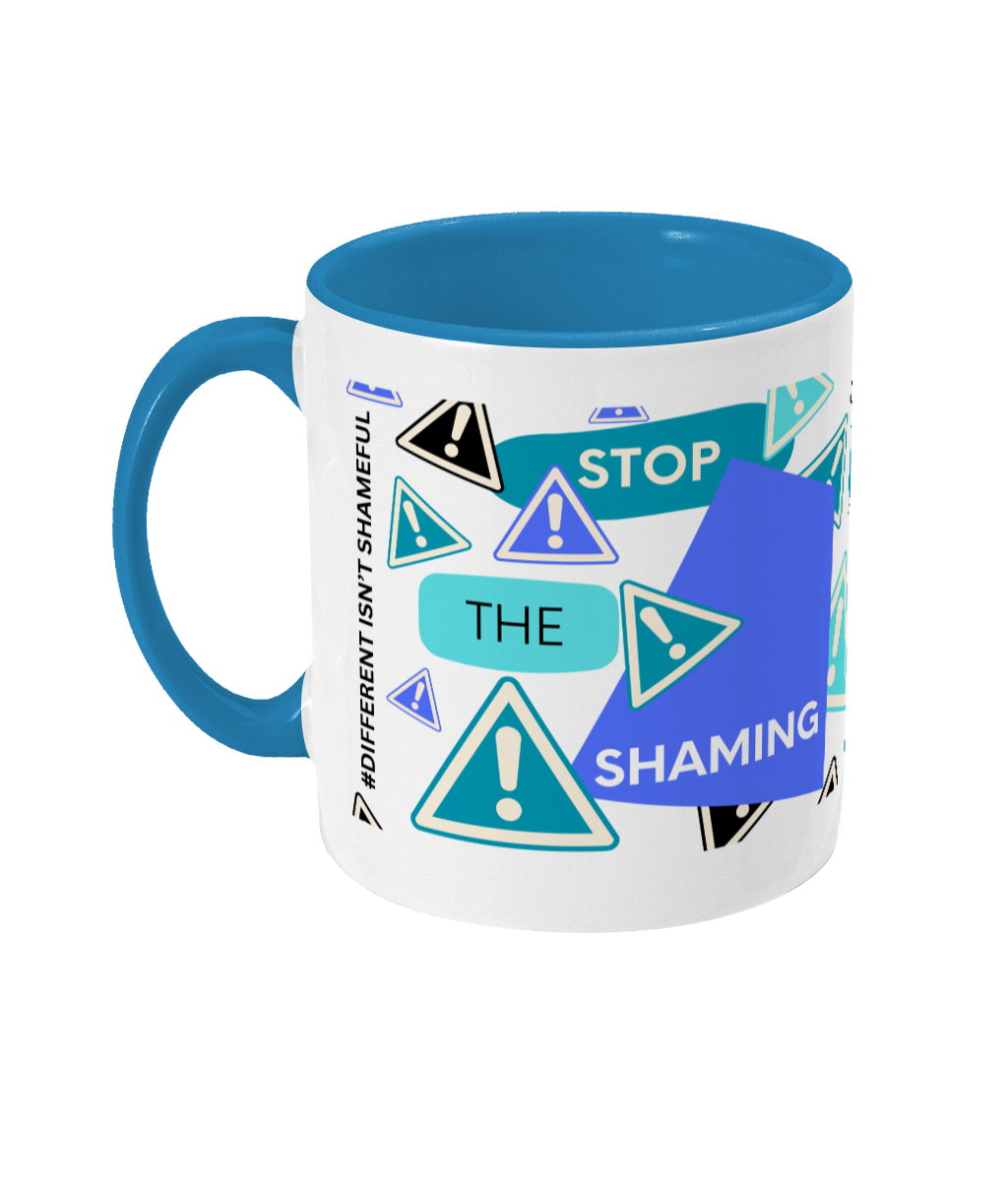 Stop The Shaming Two Tone Mug - Blue/Teal Design with Black Background (Various Handle and Inner Colours Available)