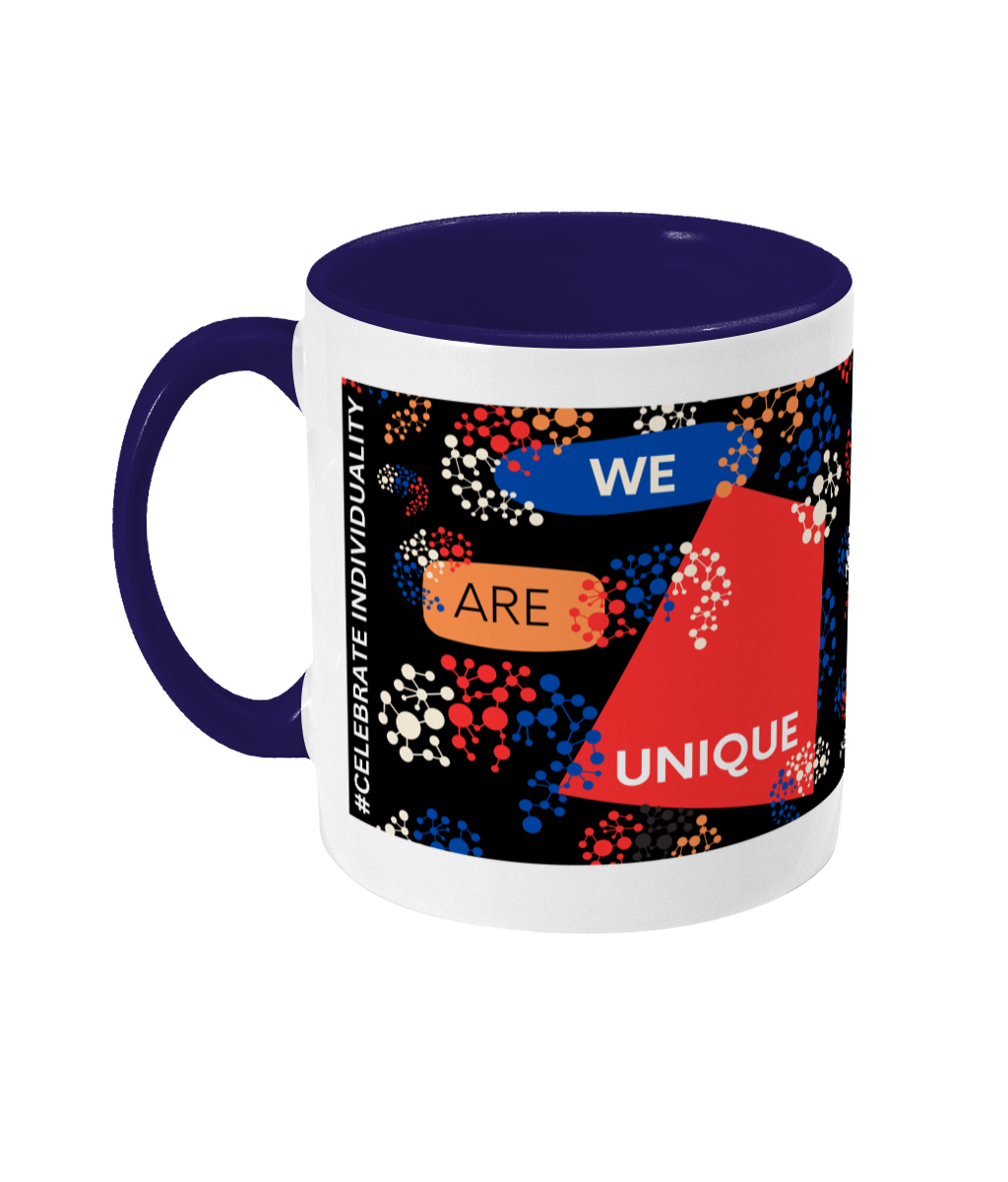 We Are Unique Two Tone Mug - Red/Blue Design with Black Background (Various Handle and Inner Colours Available)