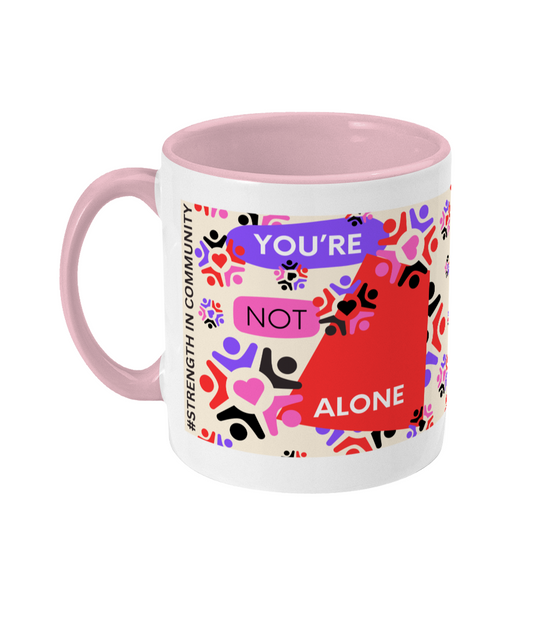 You’re Not Alone Two Tone Mug - Red/Purple Design with a Pink Background