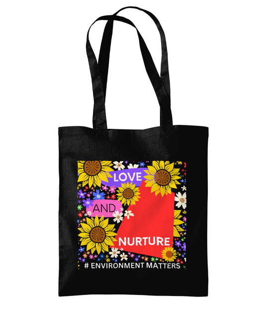 Love and Nurture #Environment Matters Black Tote Bag - Red/Purple Design