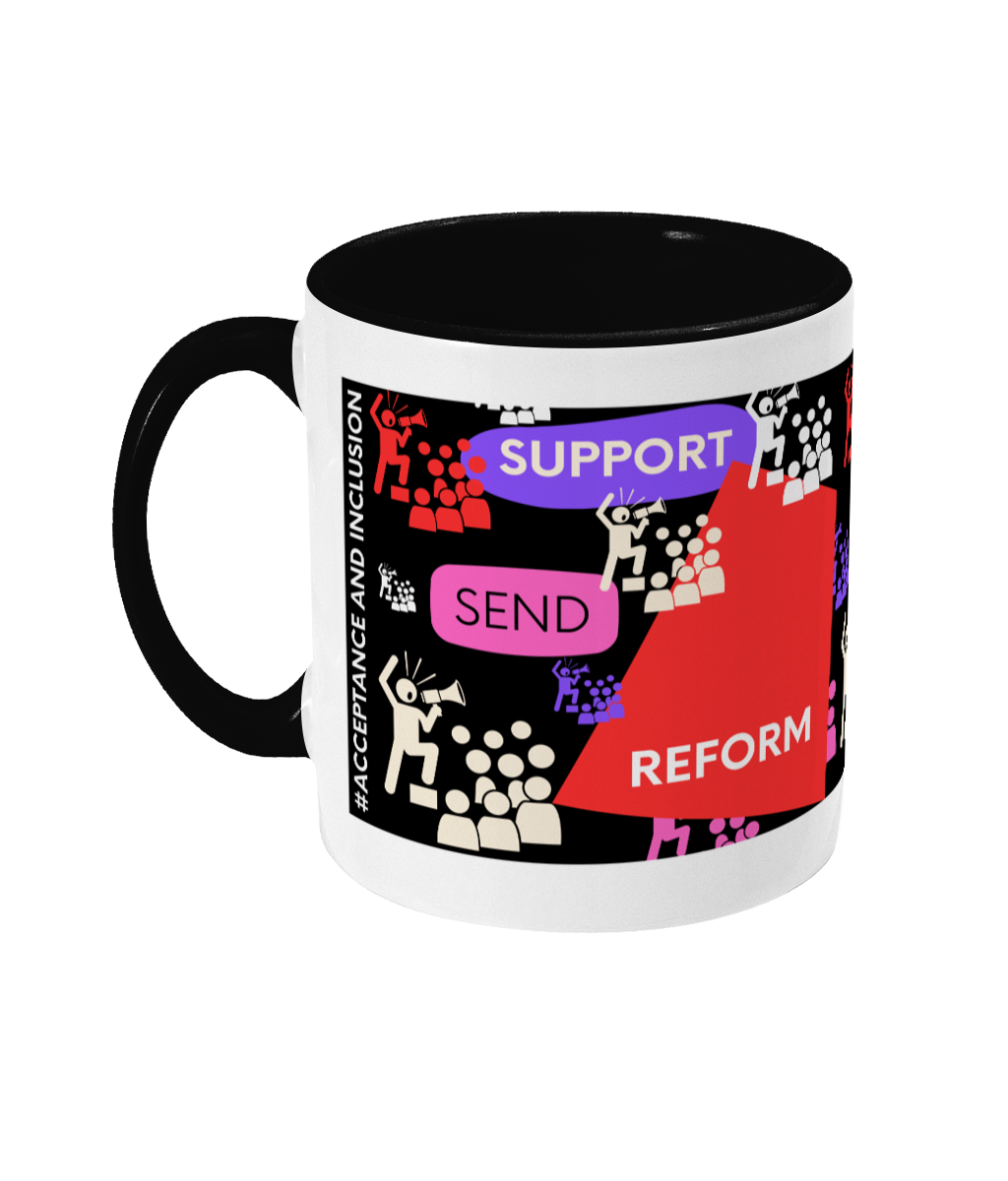 Support SEND Reform Two Tone Mug - Red/Purple Design with Black Background (Various Handle and Inner Colours Available)