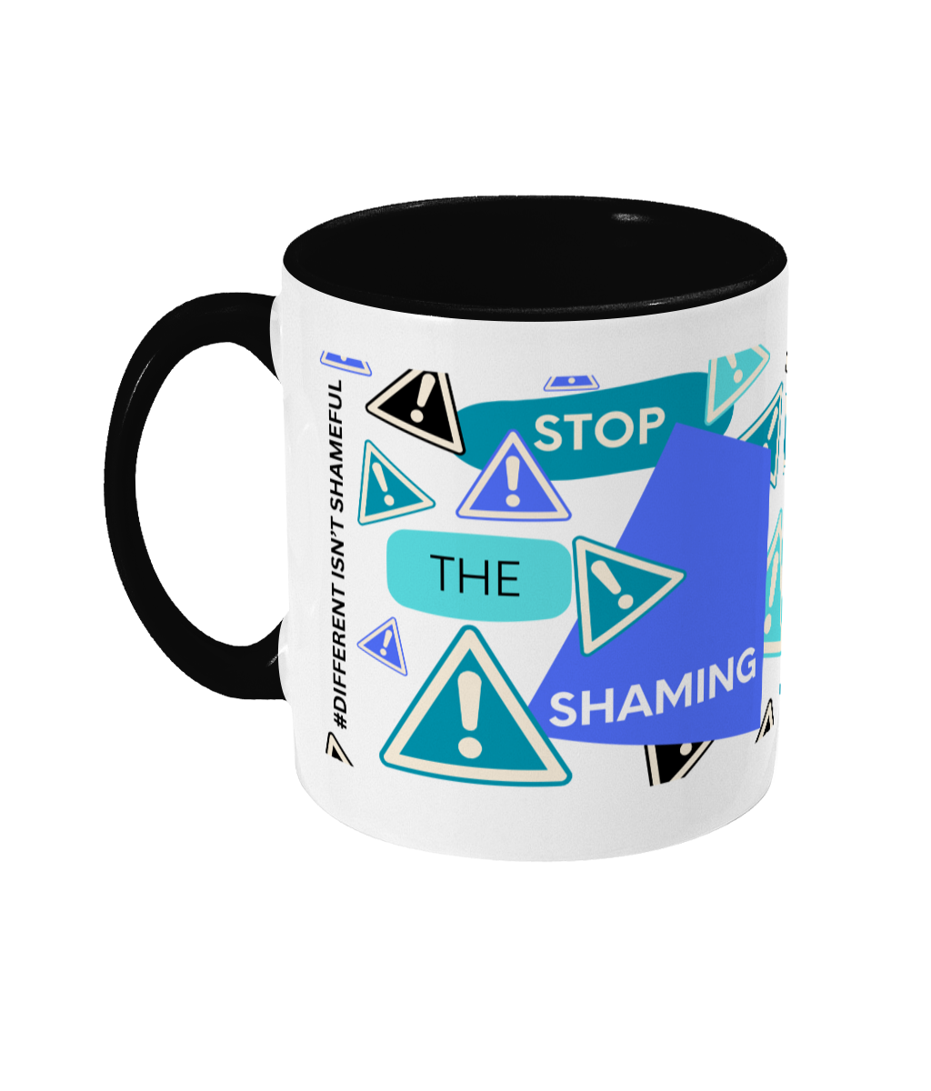 Stop The Shaming Two Tone Mug - Blue/Teal Design with Black Background (Various Handle and Inner Colours Available)