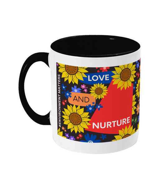 Love and Nurture Two Tone Mug - Red/Blue Design with Black Background