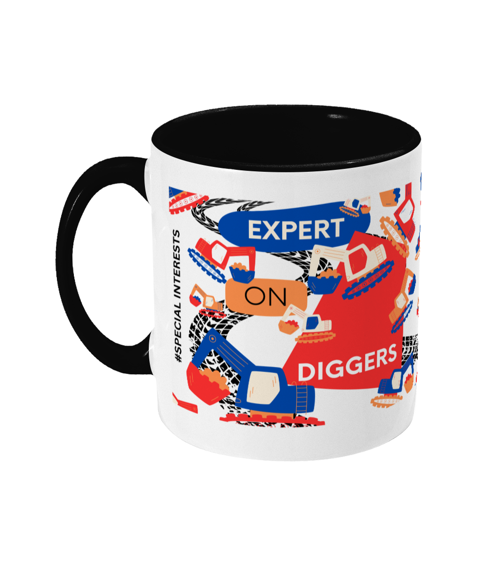 Expert On Diggers Two Tone Mug - Red/Blue Design with No Background (Various Handle and Inner Colours Available)