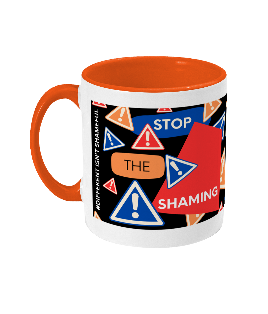 Stop The Shaming Two Tone Mug - Red/Blue Design with Black Background (Various Handle and Inner Colours Available)