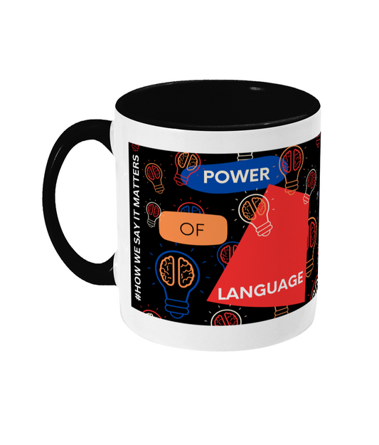 Power Of Language Two Tone Mug - Red/Blue Design with Black Background (Various Handle and Inner Colours Available)