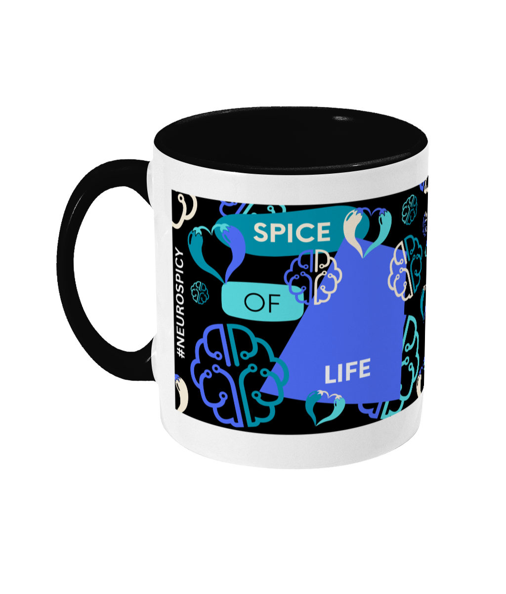 Spice Of Life Two Tone Mug - Blue/Teal Design with Black Background (Various Handle and Inner Colours Available)