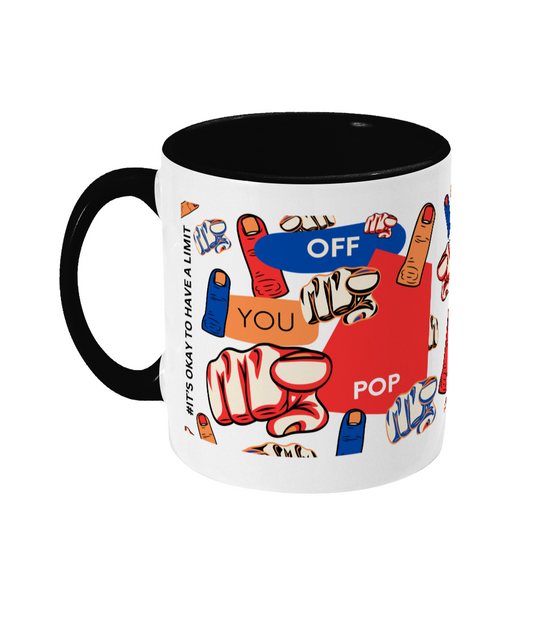 Off You Pop Two Tone Mug - Red/Blue Design with No Background (Various Handle and Inner Colours Available)