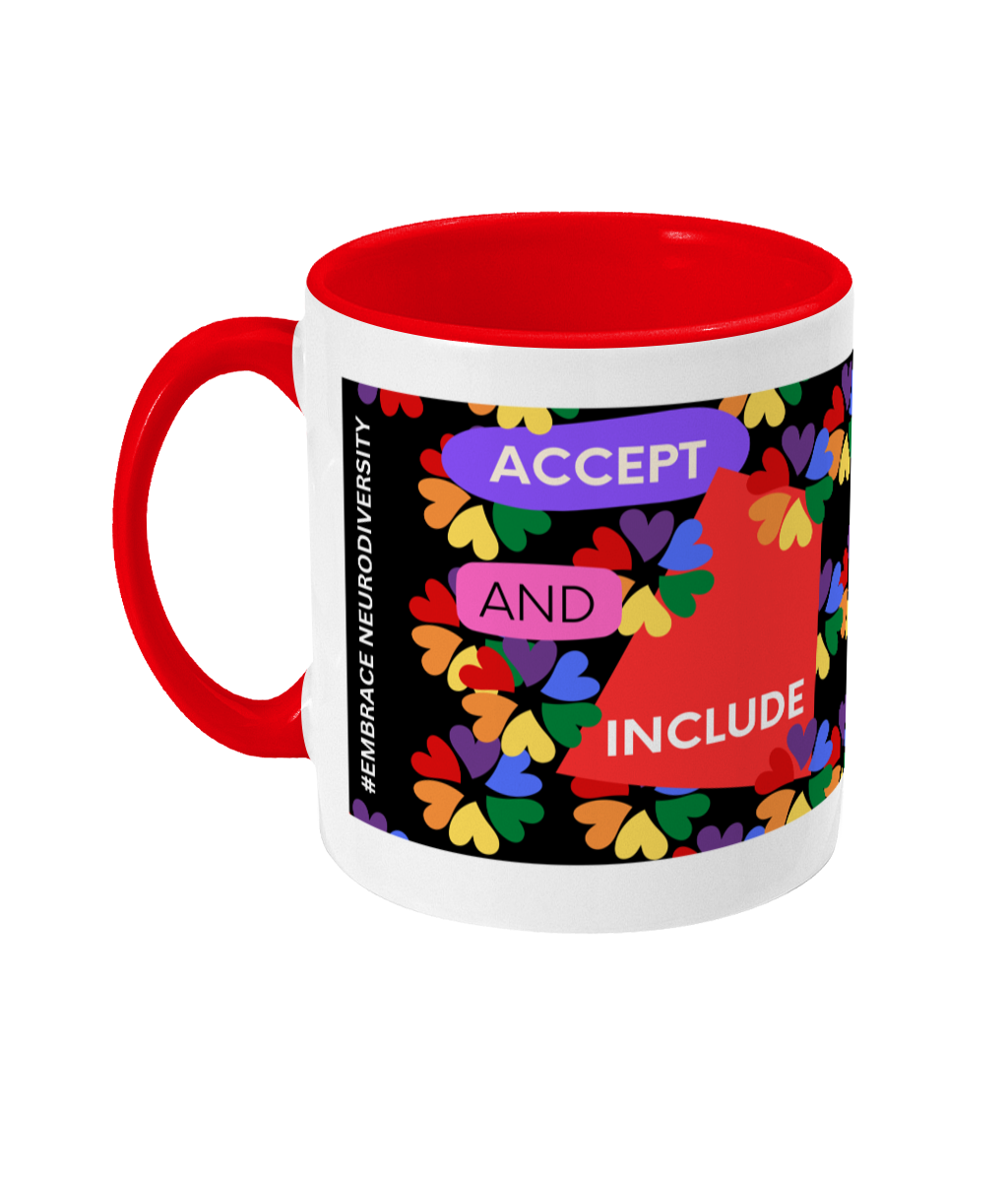 Accept and Include Two Tone Mug - Red/Purple Design with Black Background (Various Handle and Inner Colours Available)