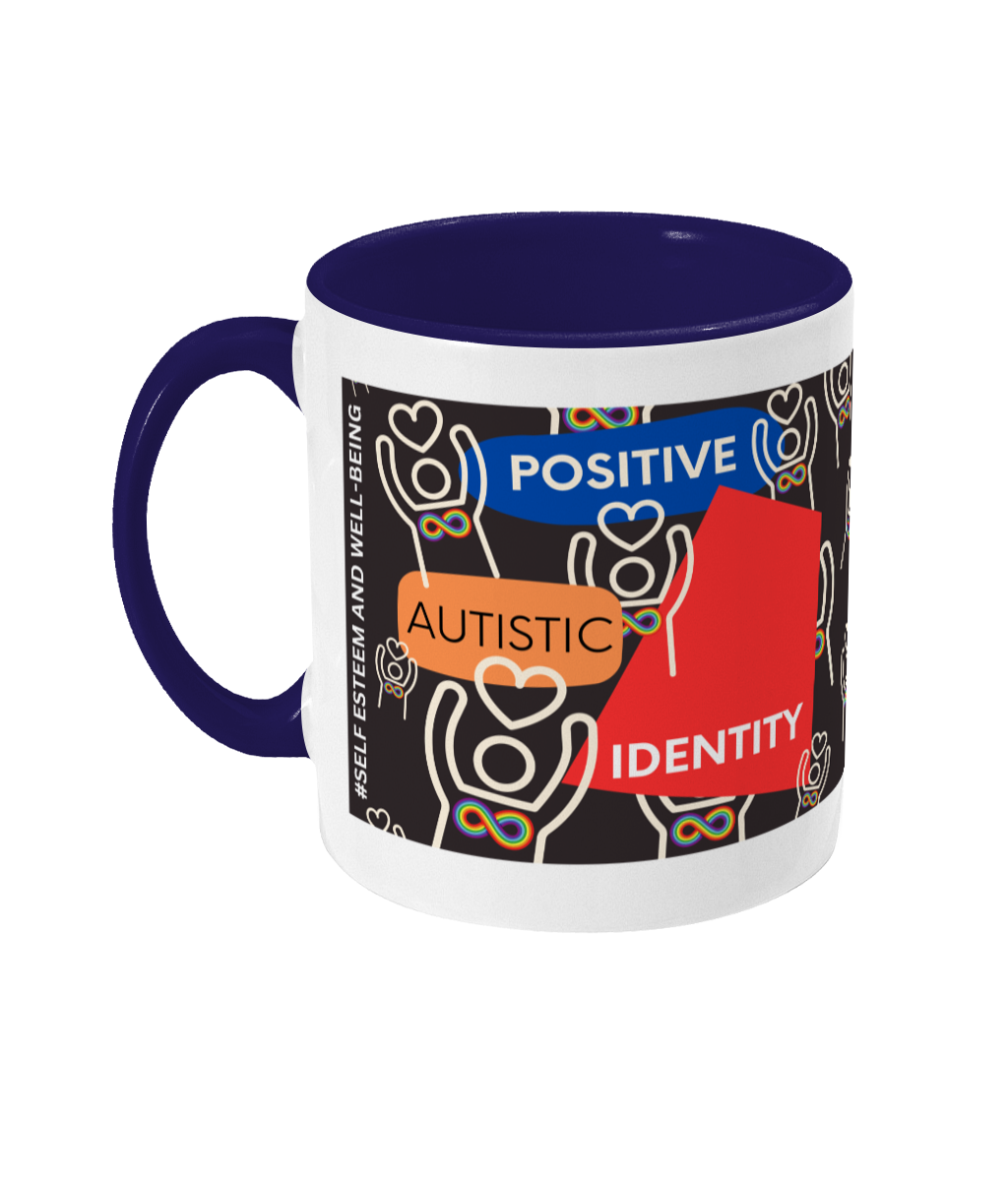 Positive Autistic Identity Two Tone Mug - Red/Blue Design with Black Background (Various Handle and Inner Colours Available)