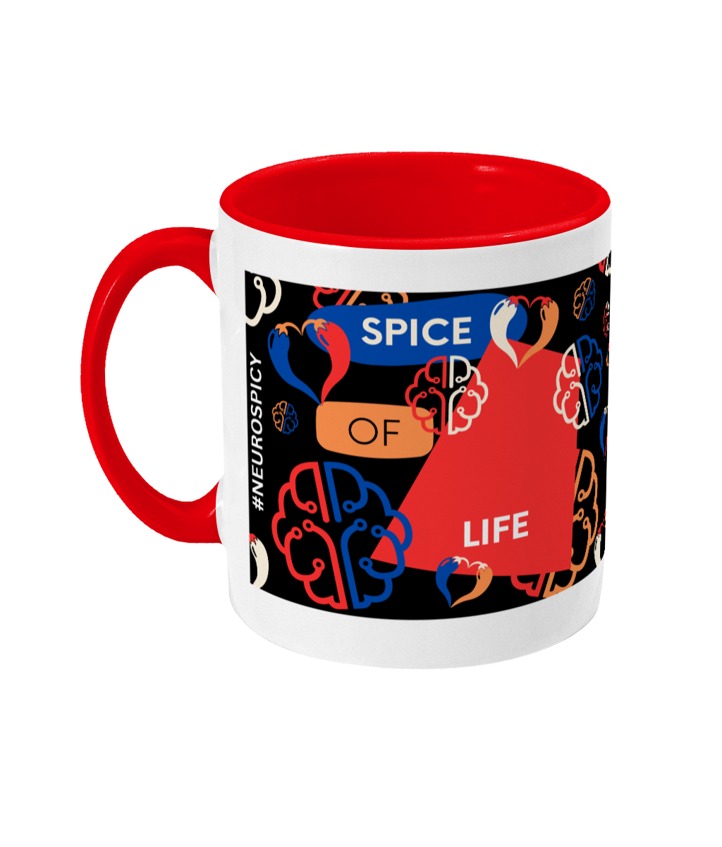 Spice Of Life Two Tone Mug - Red/Blue Design with Black Background (Various Handle and Inner Colours Available)