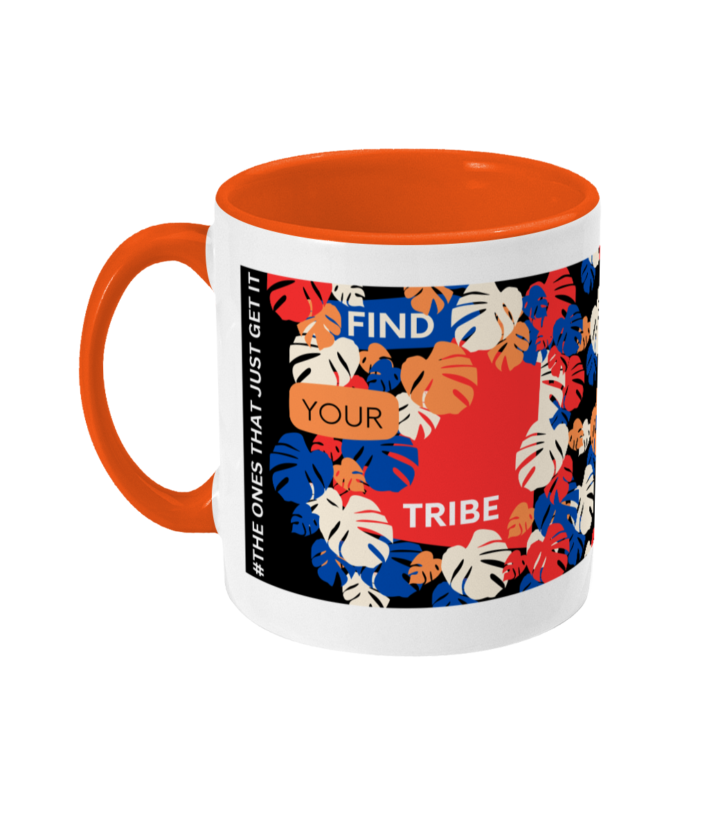 Find Your Tribe Two Tone Mug - Red/Blue Design with Black Background (Various Handle and Inner Colours Available)