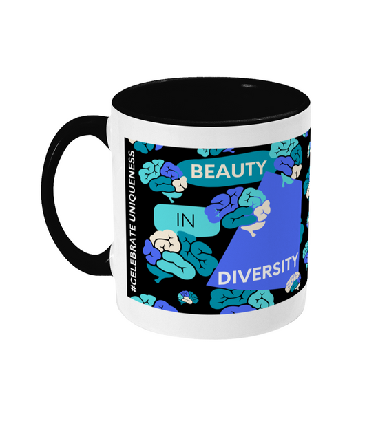 Beauty In Diversity Two Tone Mug - Blue/Teal Design with Black Background (Various Handle and Inner Colours Available)