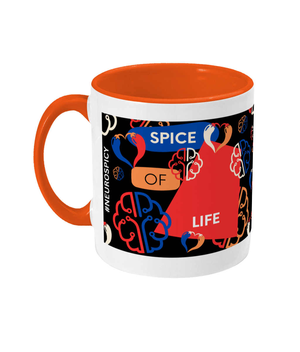 Spice Of Life Two Tone Mug - Red/Blue Design with Black Background (Various Handle and Inner Colours Available)