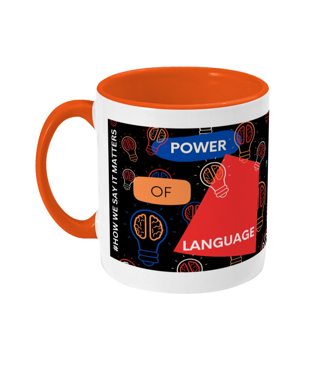 Power Of Language Two Tone Mug - Red/Blue Design with Black Background (Various Handle and Inner Colours Available)