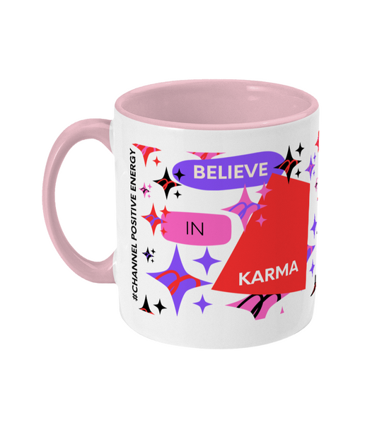 Believe In Karma Two Tone Mug - Red/Purple Design with No Background (Various Handle and Inner Colours Available)