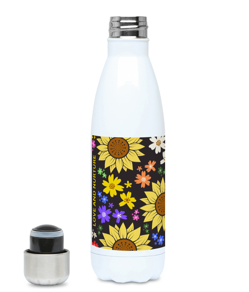 Love and Nurture 500ml Water Bottle - Floral Design with Black Background