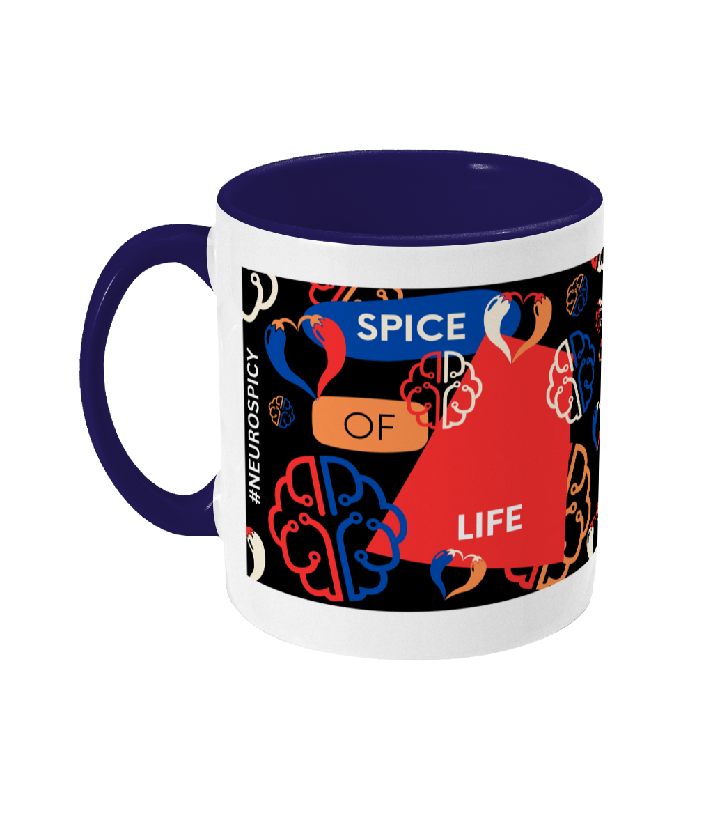 Spice Of Life Two Tone Mug - Red/Blue Design with Black Background (Various Handle and Inner Colours Available)