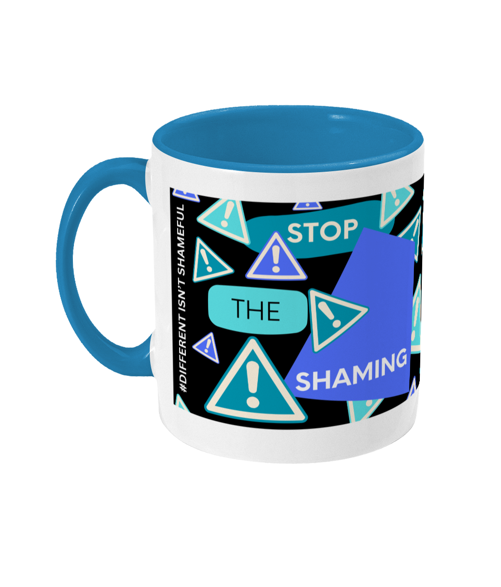 Stop The Shaming Two Tone Mug - Blue/Teal Design with Black Background (Various Handle and Inner Colours Available)