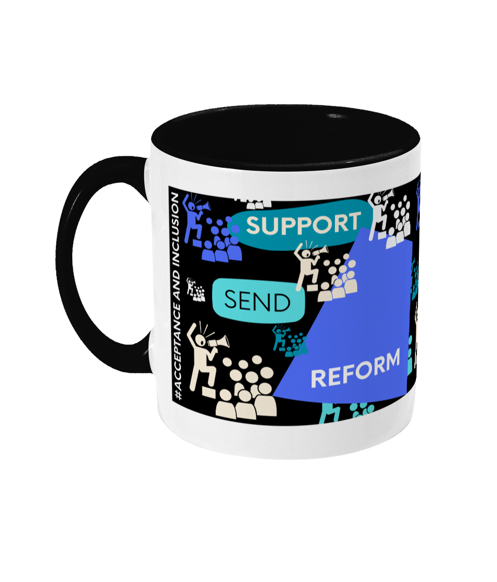 Support SEND Reform Two Tone Mug - Blue/Teal Design with Black Background (Various Handle and Inner Colours Available)