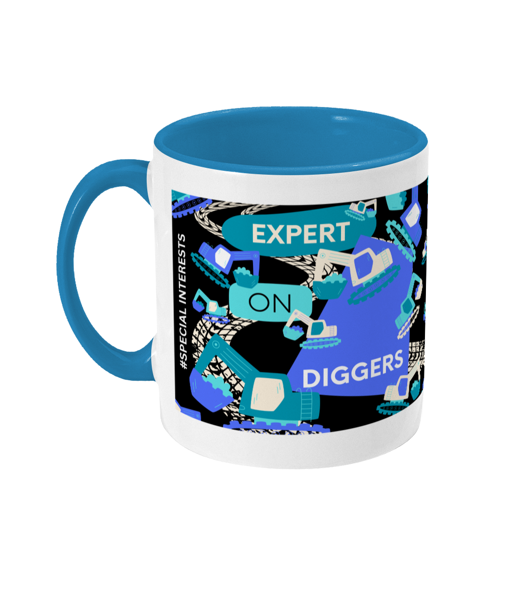 Expert on Diggers Two Tone Mug - Blue/Teal with Black Background (Various Handle and Inner Colours Available)