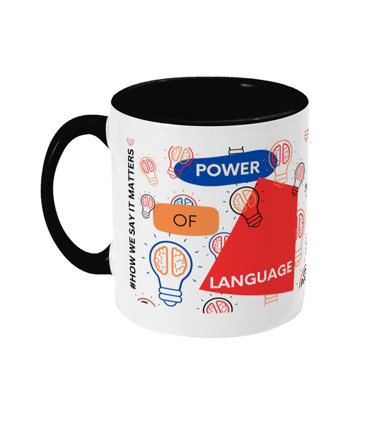 Power Of Language Two Tone Mug - Red/Blue Design with No Background (Various Handle and Inner Colours Available)