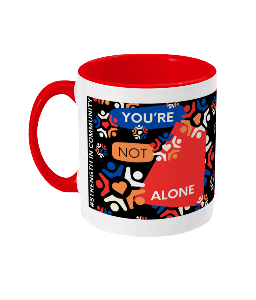 You’re Not Alone Two Tone Mug - Red/Blue Design with Black Background (Various Handle and Inner Colours Available)