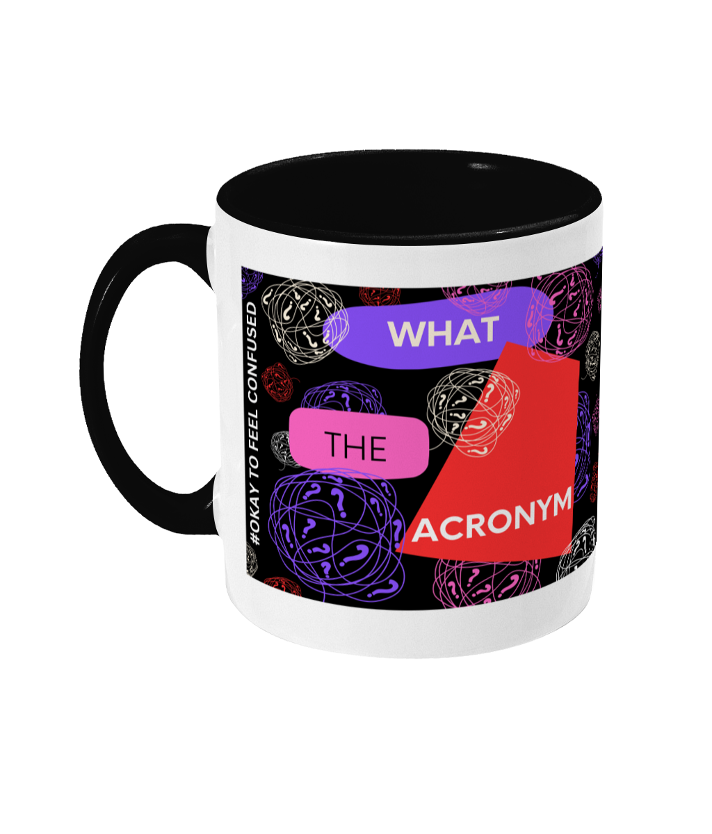 What The Acronym Two Tone Mug - Red/Purple Design with Black Background (Various Handle and Inner Colours Available)